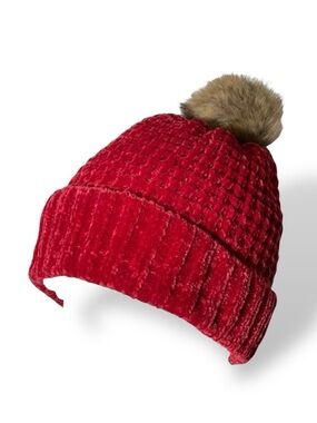 Lands' End Faux Fur Chenielle Pom Hat Red L/XL